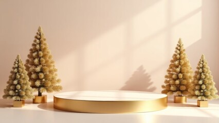 Wall Mural - empty golden podium with small christmas trees, minimalistic scene with soft lighting. christmas dis
