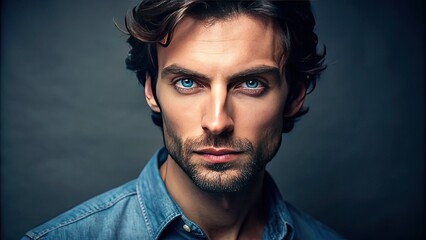 Charismatic Actor with Dark Hair and Striking Blue Eyes Posing Confidently in Studio Setting