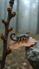 Poisonous Black Scorpion on a Branch Venomous Invertebrate Raised Stinger and Tail Fear and Danger