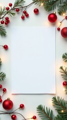 Christmas banner with fir branches, red baubles, holiday lights, and blank paper on a white background, copy space, vertical.
Festive holiday frame, winter season decoration, New Year greeting card de