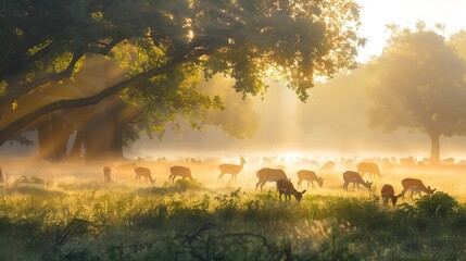 Canvas Print - Herd of Deer Grazing in Misty Meadow at Dawn with Sunlight Through Trees