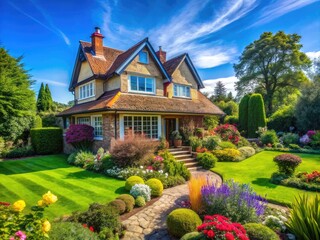 Charming suburban house with a well-maintained garden and a clear blue sky in the background