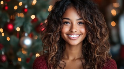 Wall Mural - Smiling woman with curly hair posing in front of a decorated Christmas tree.