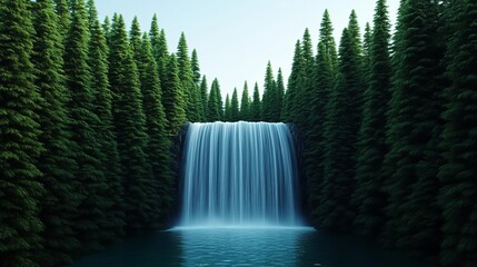 Waterfall surrounded by towering pine trees, vibrant green, 3D illustration