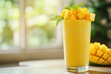 Fresh mango smoothie garnished with fruit cubes and mint