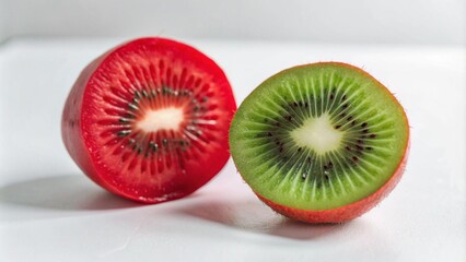 Wall Mural - A red and green kiwi fruit, cut in half, on a white background.