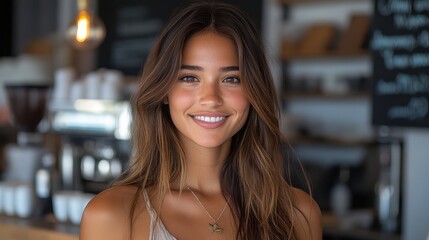 Wall Mural - Portrait of a smiling young woman with long hair, standing in a cafe with a modern decor