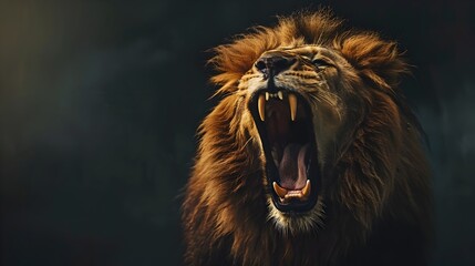 Poster - A Fierce and Majestic Lion Roaring with Its Mouth Wide Open Showing Sharp Teeth and a Flowing Mane in the Wind