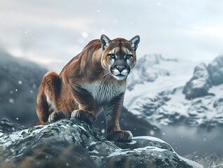 Canvas Print - Fierce Mountain Lion Crouched and Ready to Pounce in Snowy Landscape