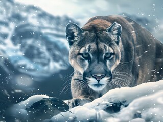 Wall Mural - Fierce Mountain Lion Crouched and Ready to Pounce in Snowy Landscape