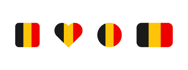 Belgian flag icon. Flag of Belgium vector sign. Belgian national banner. Emblem of Belgium. Multicolor Brussel banner in four different shapes: square, heart, circle and rectangle.