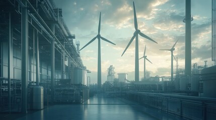 Wind turbines powering a factory filled with energy-efficient industrial machines.