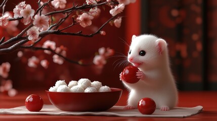 A heartwarming image of a cute white hamster delicately holding a red ball, sitting next to a bowl of rice balls under a beautifully blossoming cherry tree branch. the red and white color scheme