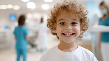 A child with curly hair and a wide smile is captured indoors, emphasizing cleanliness and health in a modern dental clinic environment with medical staff.