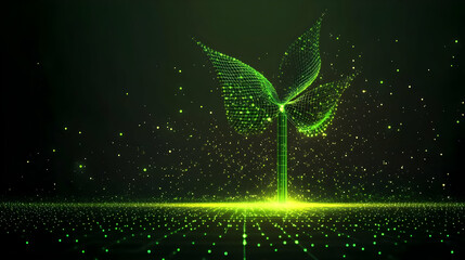 Abstract 3D Green Plant with Glowing Light and Sparkle Background