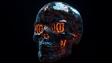 A skull formed from binary codes on a dark background