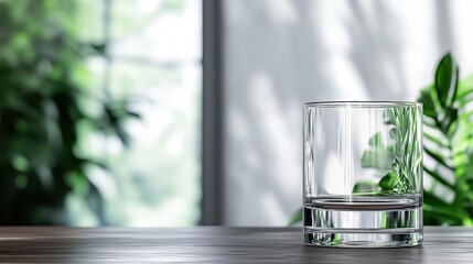 A clear glass sits on a wooden table with green foliage softly blurred in the background, suggesting a tranquil and natural setting indoors.