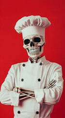 Poster - Skeleton chef in a white uniform and hat crosses his arms against a red backdrop