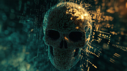 Digital skull made of zeros and ones on a dark backdrop