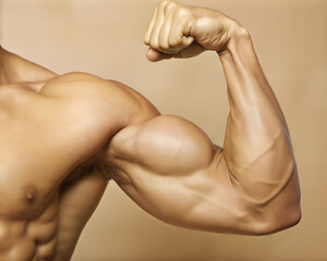 the strong arm displays impressive muscle definition with a powerful flex. the well-defined bicep an