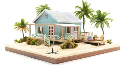 Poster - Miniature Coastal Bungalow with Wraparound Deck and Palm Trees in Tropical Beach Setting