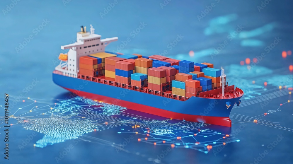 Cargo ship sailing on digital world map delivering goods Stock ...