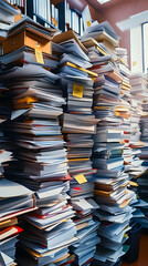 Poster - Towering stacks of paperwork and files overwhelm an office space, illustrating the daunting challenge of managing physical documents in the digital age.