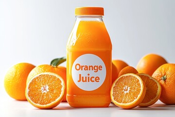 A vibrant bottle of orange juice sits amid whole and sliced oranges on a light background, ideal for promoting healthy beverages, breakfast options, or tropical themes in marketing materials,