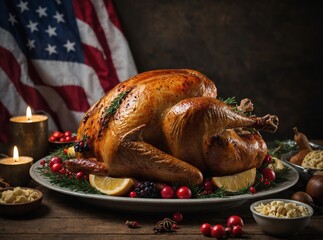 A beautiful display of turkey slices served with the proud American flag waving in the breeze