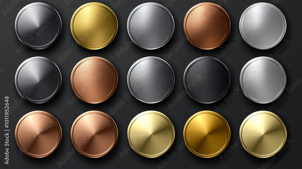 A set of metal chrome circle buttons is presented in vector format ...