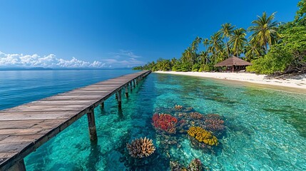 Long wooden pier extending over clear waters, with vivid coral formations visible beneath, leading to a secluded tropical island beach framed by green palm trees