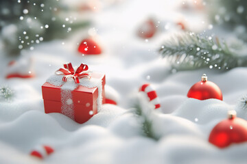 Christmas abstract background with snow, presents, Christmas tree in 3d style