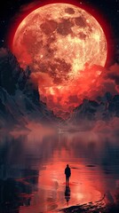 Wall Mural - A Lonely Figure Under a Blood Red Moon