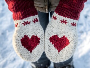 Wall Mural - Female hands in knitted mittens with heart in winter day