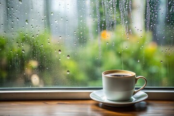 Peaceful coffee on windowsill with raindrops on window pane