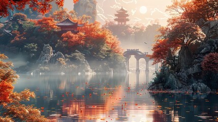 Wall Mural - Serene Autumn Landscape with Pagoda and Bridge