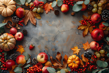 Wall Mural - pumpkins, autumn leaves, berries, and pine cones on a dark background