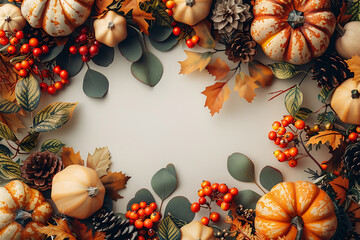 Wall Mural - pumpkins, autumn leaves, berries, and pine cones on a light background