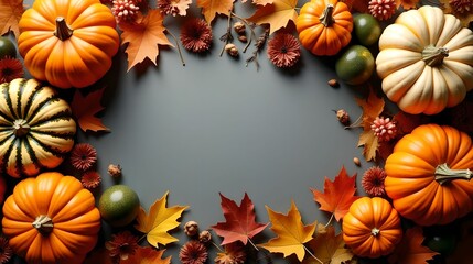 an attractive background with beautiful decorations for thanksgiving. pumpkins and fruits are surrou