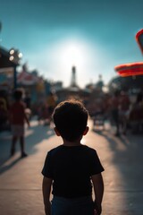 a boy stands in front of a carnival ride