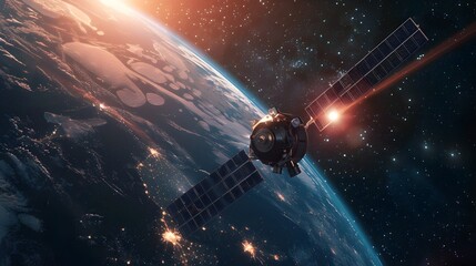 Wall Mural - futuristic satellite orbiting distant exoplanet beams holographic messages to earth
