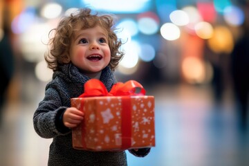 child opening a christmas present looking excited, shopping centre background, natural light