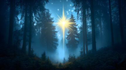 Poster - Foggy night forest with bright star symbolizing Nativity of Jesus Christ , fog