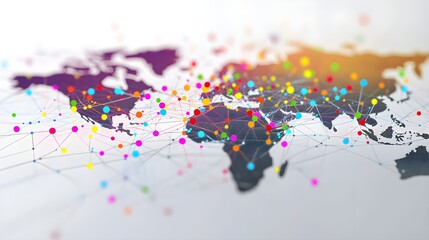 a visualization of the internet on a gray world map, lots of colorfull nodes, white background
