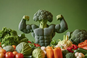 Canvas Print - Muscular broccoli superhero flexing amidst colorful array of fresh vegetables, symbolizing strength from healthy eating on green background.