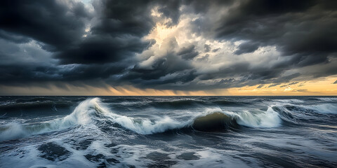 Dark, stormy seascape with turbulent waves and ominous clouds , stormy, rough, wild, ocean, sea, dark, clouds, dramatic