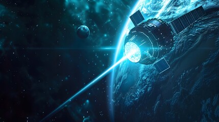 Wall Mural - futuristic satellite orbiting distant exoplanet beaming holographic interstellar communication