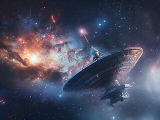massive interstellar communication relay station floating in deep space beaming across galaxy