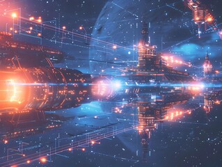 Canvas Print - futuristic interstellar communication hub with glowing antennas and data streams