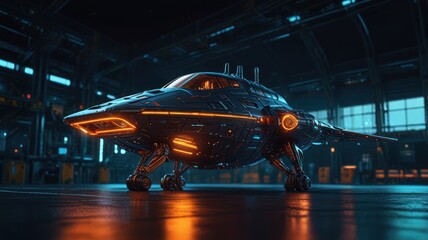 A futuristic spaceship sits in a hangar, lit by orange lights.